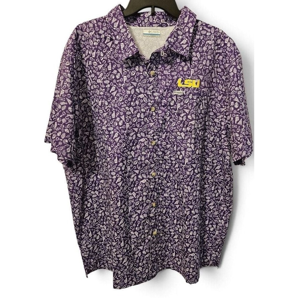 Columbia PFG Men's LSU Tigers Super Slack Tide Short Sleeve Button-Up Shirt XL